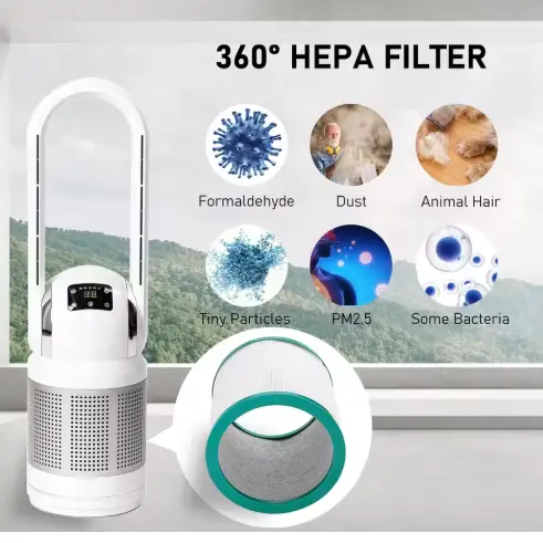 Multifunctional Smart Home Hepa Filter Air Purifier With Bladeless Heater And Cooler Fan
